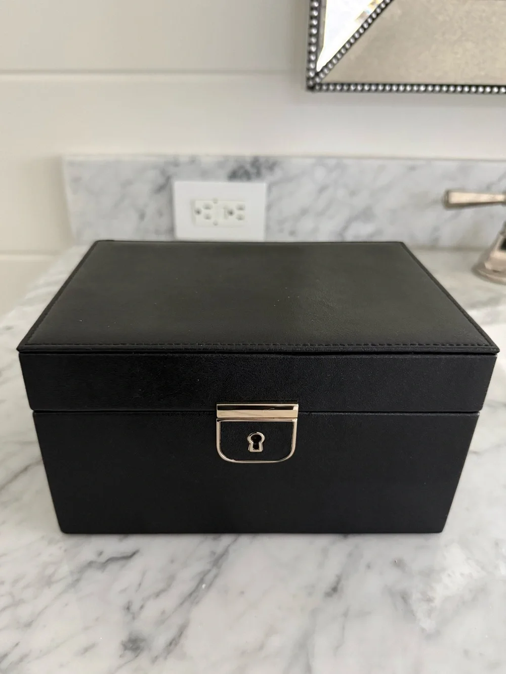 WOLF Palermo Small Jewelry Box Black Anthracite Leather w/Lock, Key & Dustbag